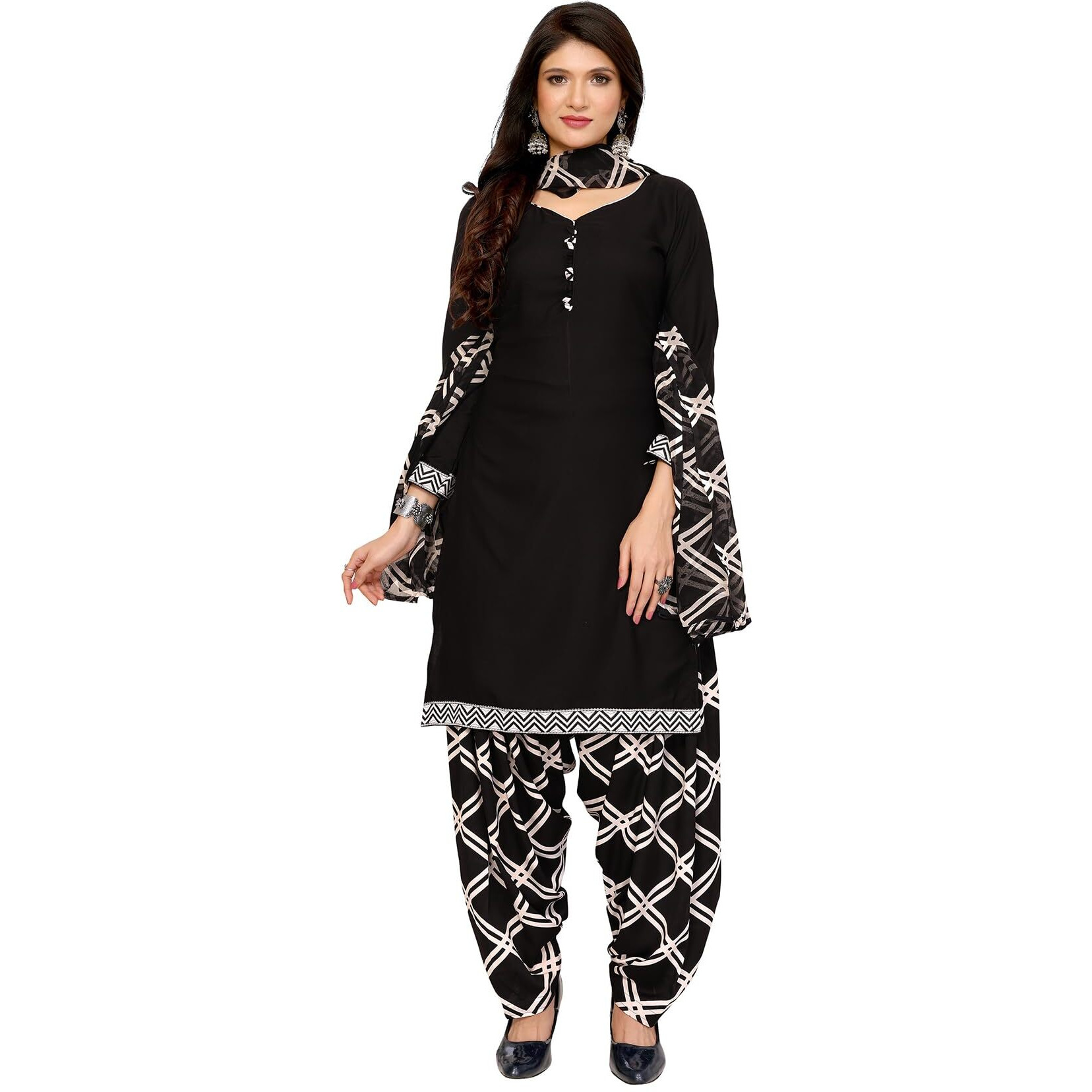 Yashika Women's Printed Dress Material - Unstitched Crepe Fabric Kurti, Pants & Dupatta Set (AZ-YS-P1-BLACK ARYA)