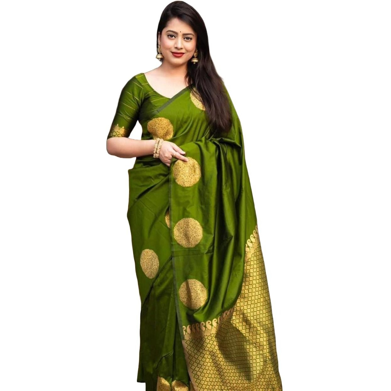 Yashika Women's Banarasi Kanjivaram Cotton Silk Woven Saree with Unstitched Blouse Material (AZ-YS-OG-SRIVALLI MAHENDI)