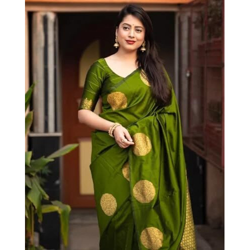 Yashika Women's Banarasi Kanjivaram Cotton Silk Woven Saree with Unstitched Blouse Material (AZ-YS-OG-SRIVALLI MAHENDI)