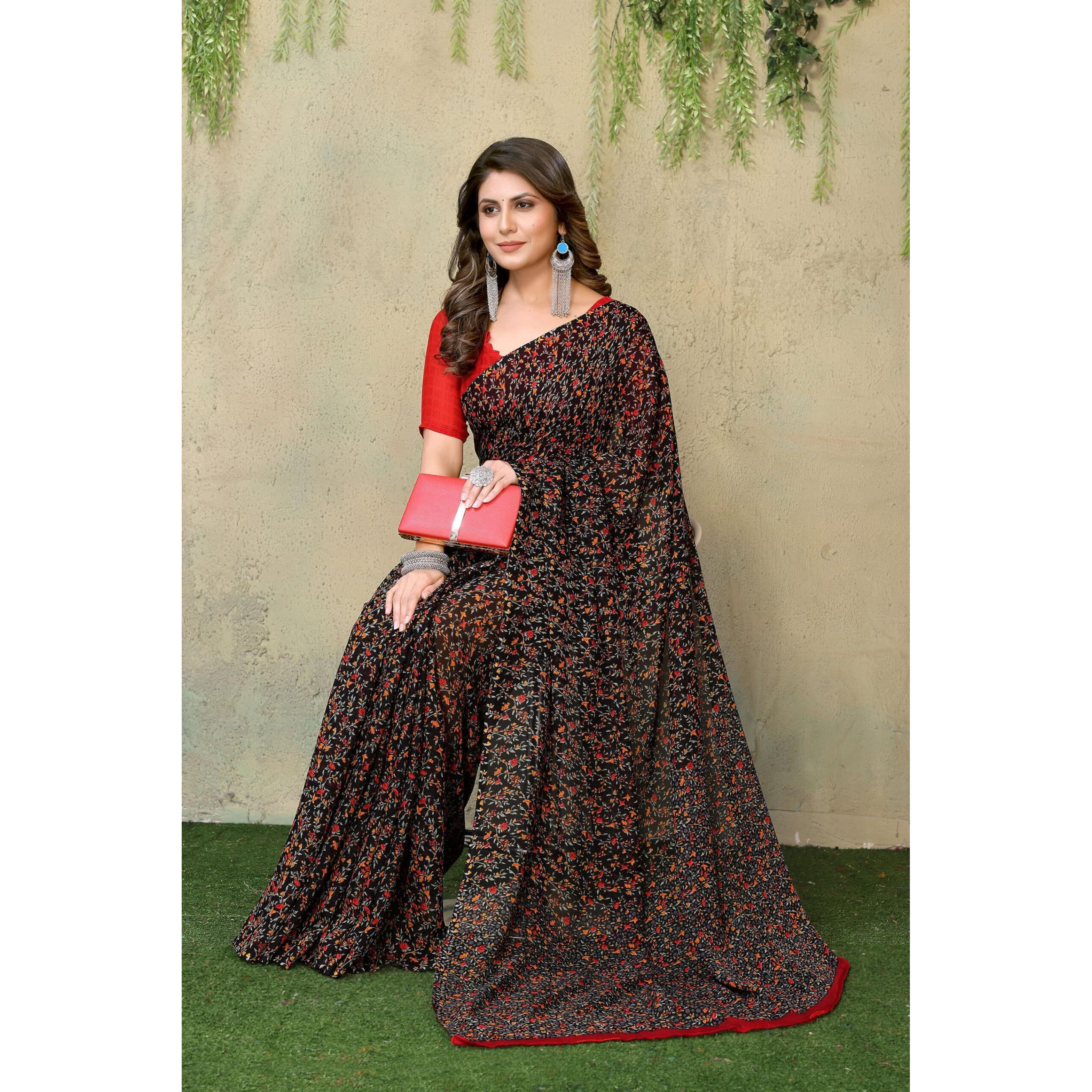 Yashika Women's Trendy Printed Georgette Red Color Saree with Blouse Material(JAMUNA RED)