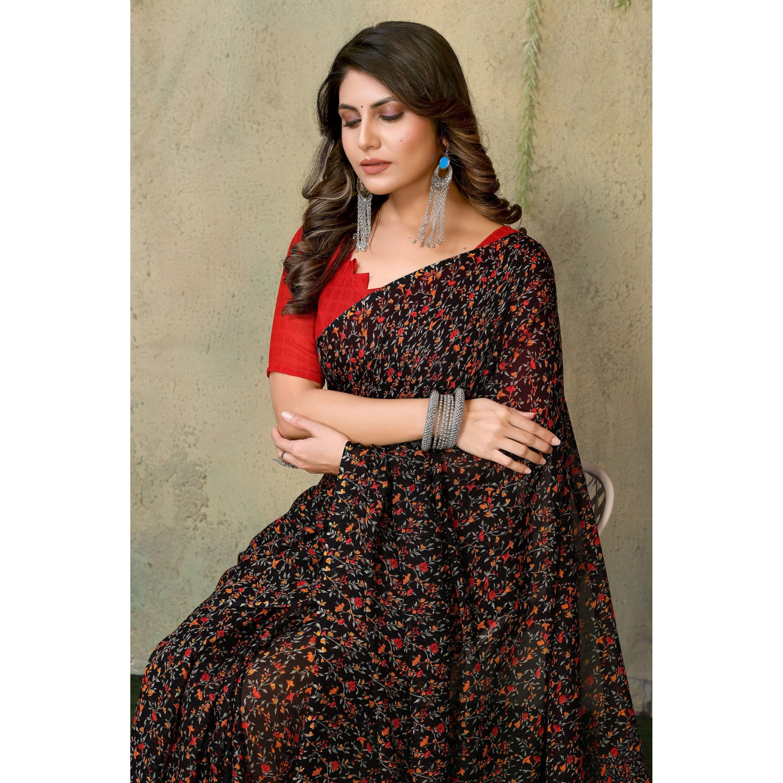 Yashika Women's Trendy Printed Georgette Red Color Saree with Blouse Material(JAMUNA RED)