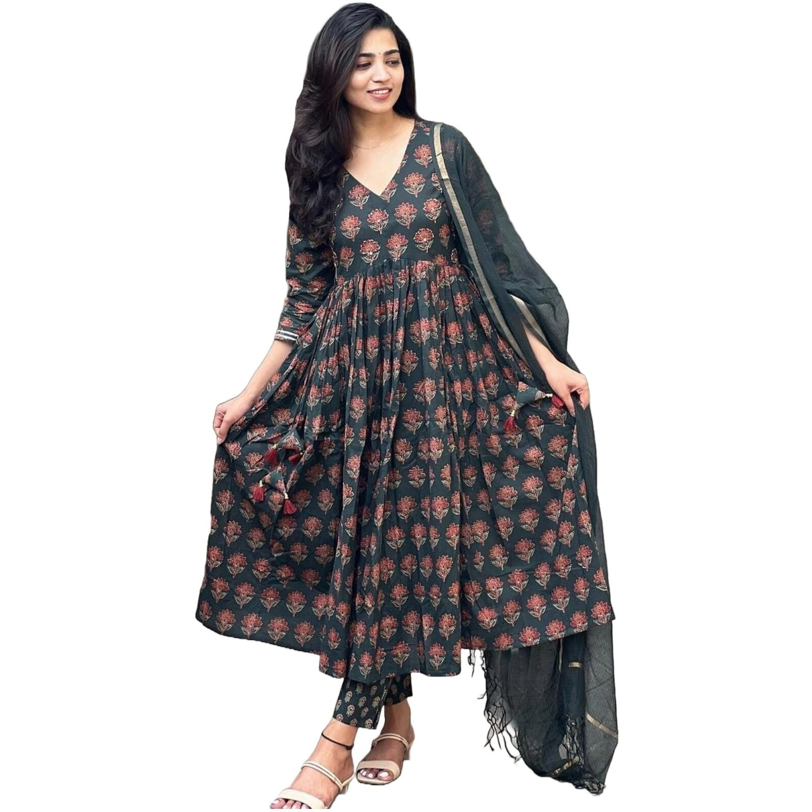 ANNI DESIGNER Women's Rayon Blend Anarkali Printed Kurta with Pant & Dupatta (Sanjini Green_S_Green_Small)