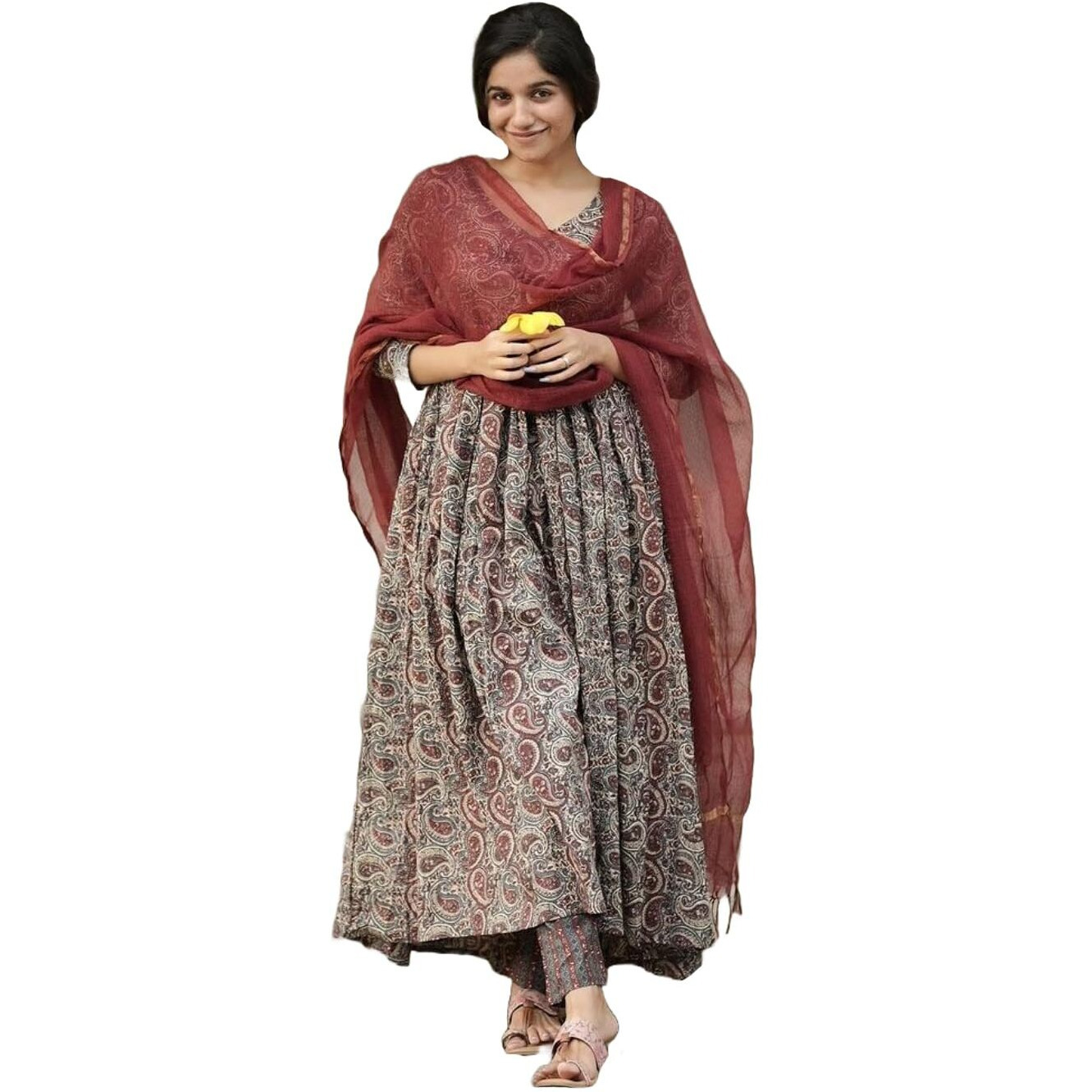 ANNI DESIGNER Women's Rayon Blend Anarkali Printed Kurta with Pant & Dupatta (Madipakam Maroon_M_Maroon_Medium)