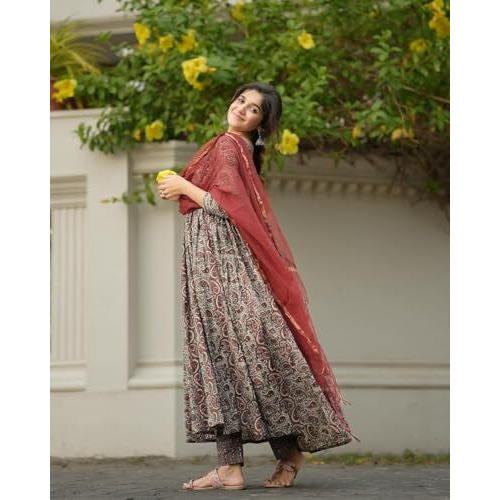ANNI DESIGNER Women's Rayon Blend Anarkali Printed Kurta with Pant & Dupatta (Madipakam Maroon_M_Maroon_Medium)