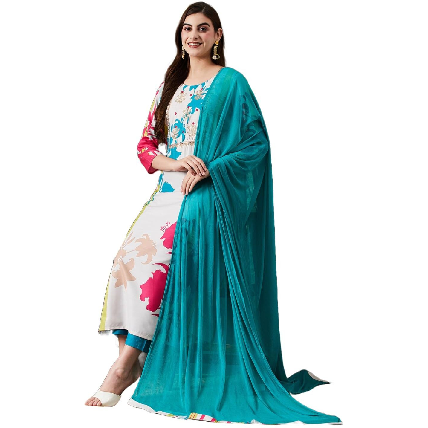 ANNI DESIGNER Women's Cotton Blend Straight Printed Kurta with Pant & Dupatta (HIBIKI CREAM_XXL_Cream_XX-Large)