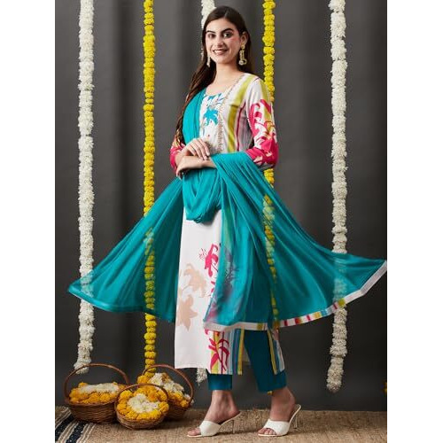 ANNI DESIGNER Women's Cotton Blend Straight Printed Kurta with Pant & Dupatta (HIBIKI CREAM_XXL_Cream_XX-Large)