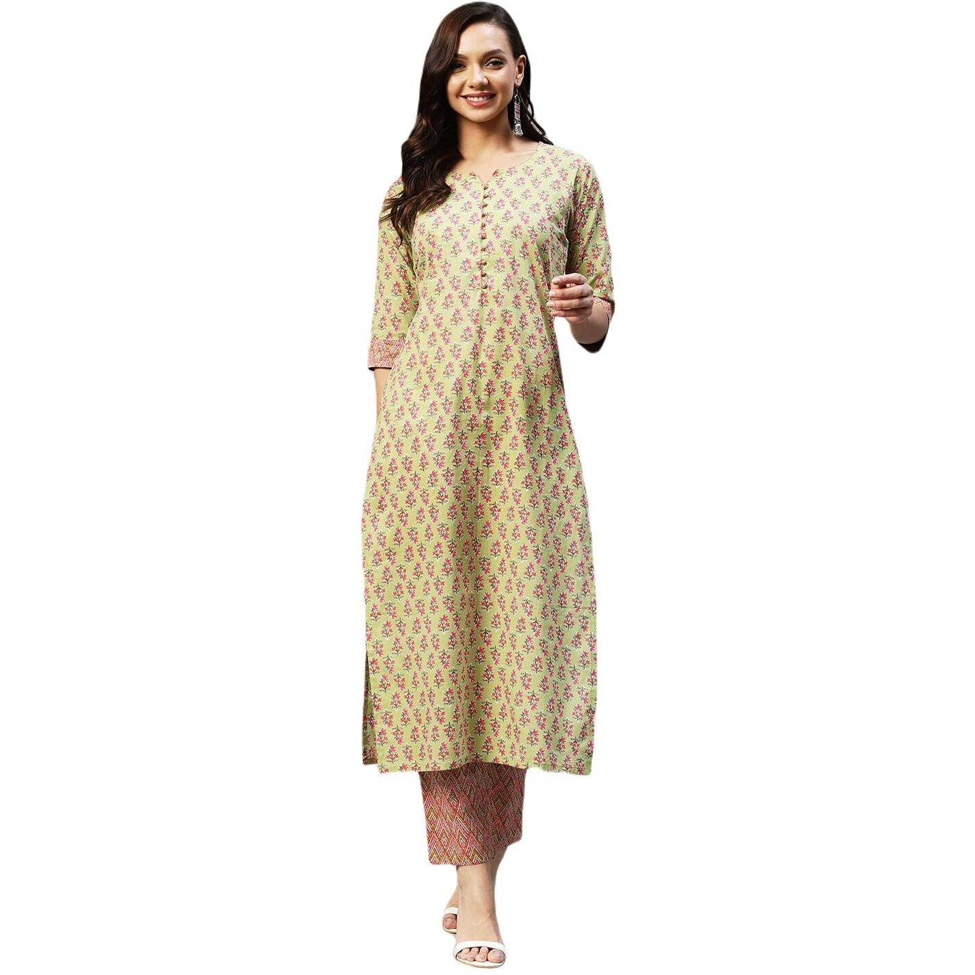 ANNI DESIGNER Women's Cotton Blend Straight Printed Kurta with Pant (Padwil Green_S_ Green_Small)