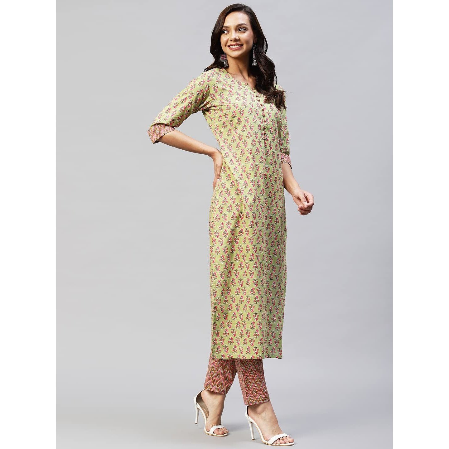 ANNI DESIGNER Women's Cotton Blend Straight Printed Kurta with Pant (Padwil Green_S_ Green_Small)