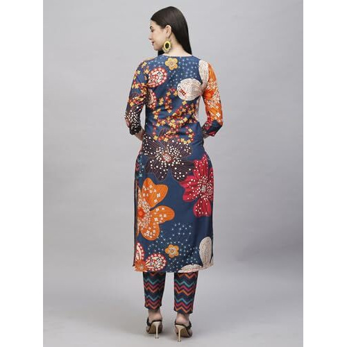 ANNI DESIGNER Women's Cotton Blend Straight Printed Kurta with Pant (Wahida Blue_L_Blue_Large)