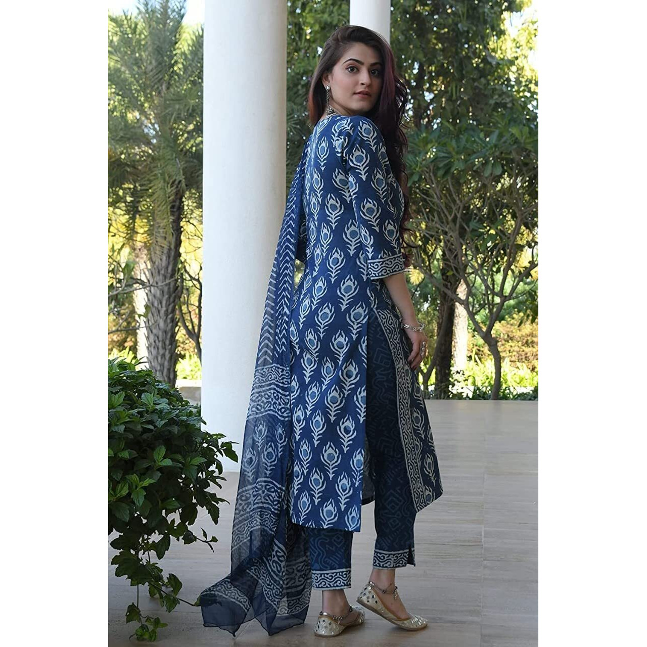 ANNI DESIGNER Women's Rayon Straight Printed Kurta with Pant & Dupatta(Bulgeriya-Blue_L_Blue_Large)