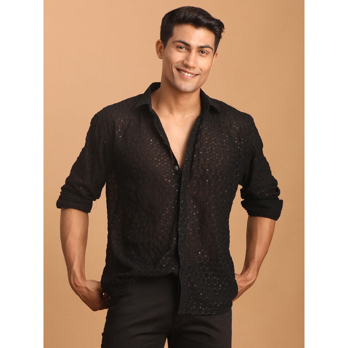 VASTRAMAY Men's Black Georgette Ethnic Regular Fit Shirt || Embroidered Georgette Stylish Shirt || Ethnic Wear For Festivals, Weddings_Vasmsh209Bl_40