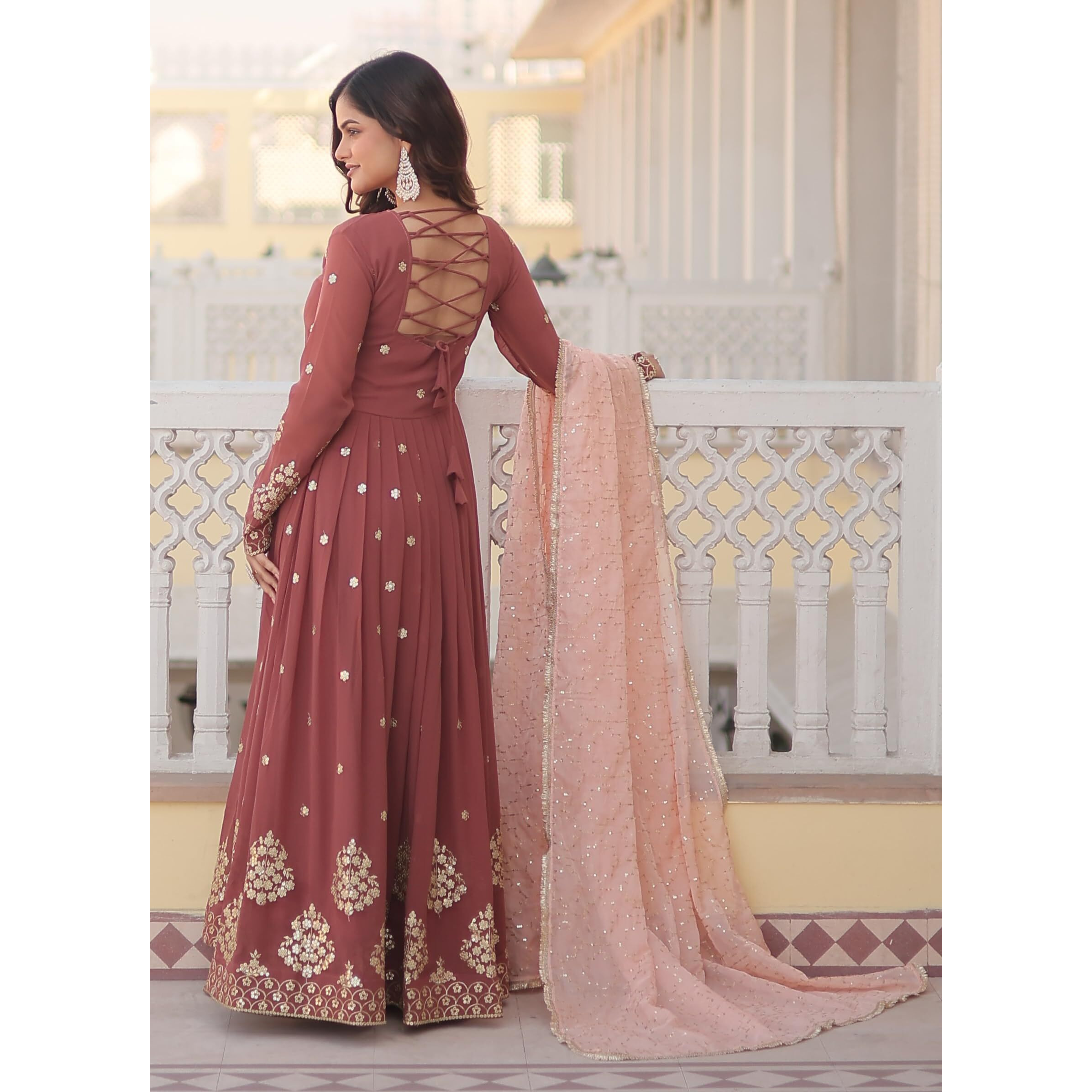 Wedani Faux Georgette Zari Thread Work Anarkali Kurta Set For Women (IN, Alpha, L, Regular, MAROON)