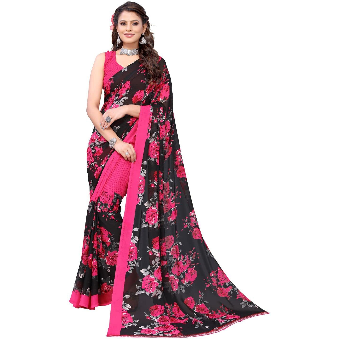 Yashika Women's Pink Floral Printed Saree with unstitched blouse piece(ZEEL PINK_W_Free Size)