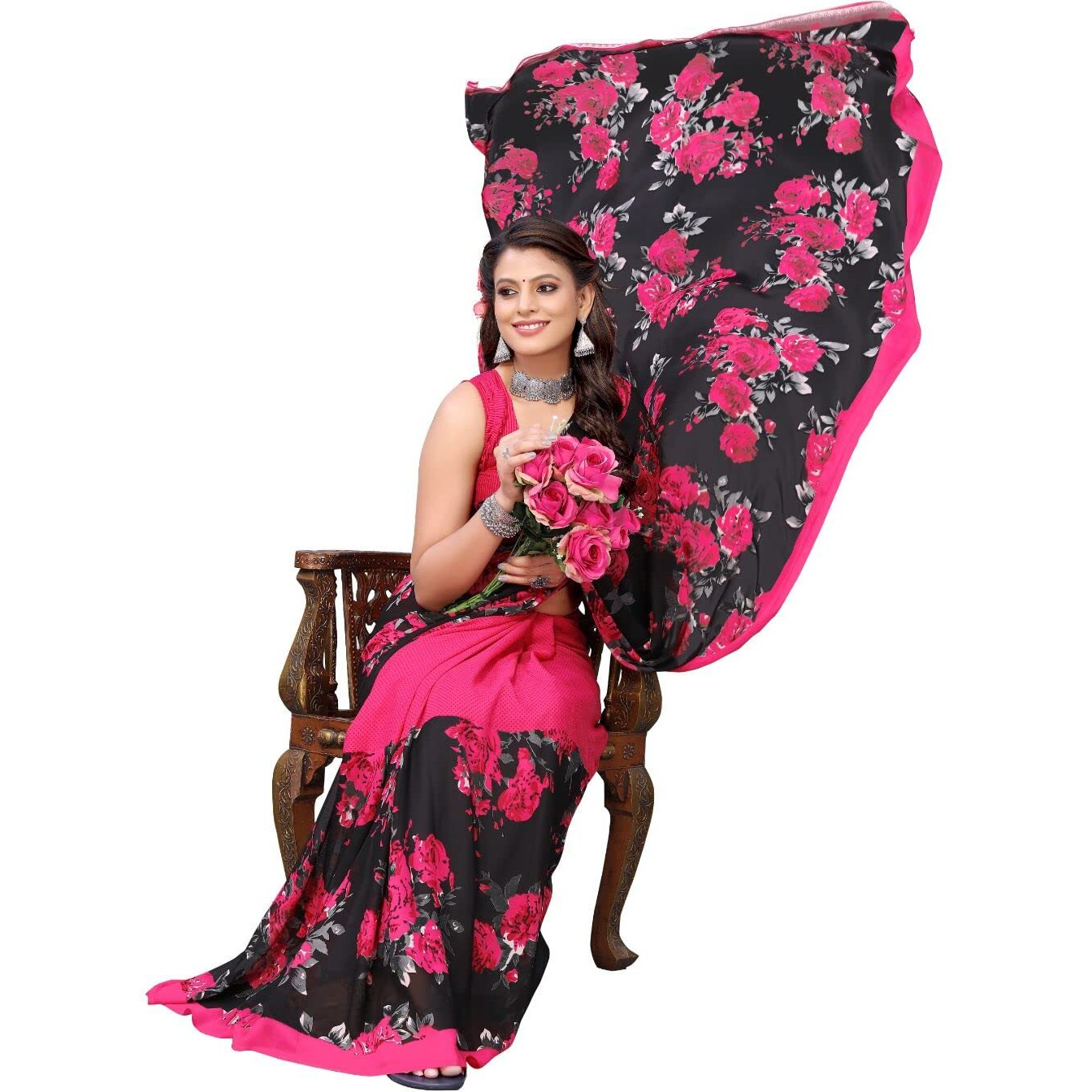 Yashika Women's Pink Floral Printed Saree with unstitched blouse piece(ZEEL PINK_W_Free Size)