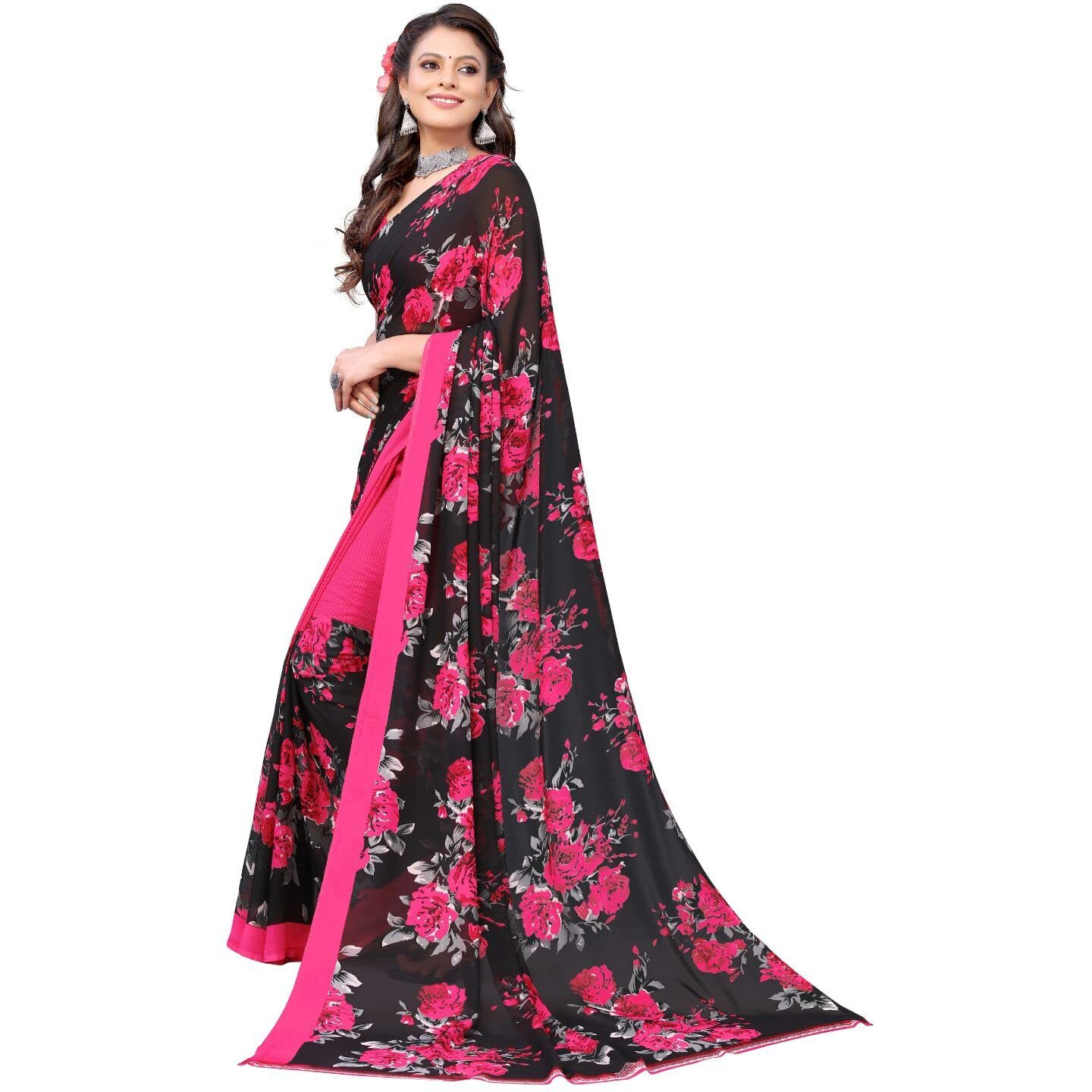 Yashika Women's Pink Floral Printed Saree with unstitched blouse piece(ZEEL PINK_W_Free Size)