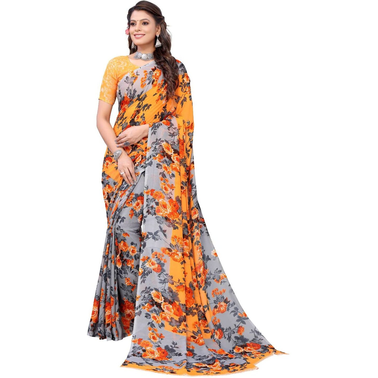 Yashika Women's Jacquard Georgette Saree (HEMAXI Orange_W