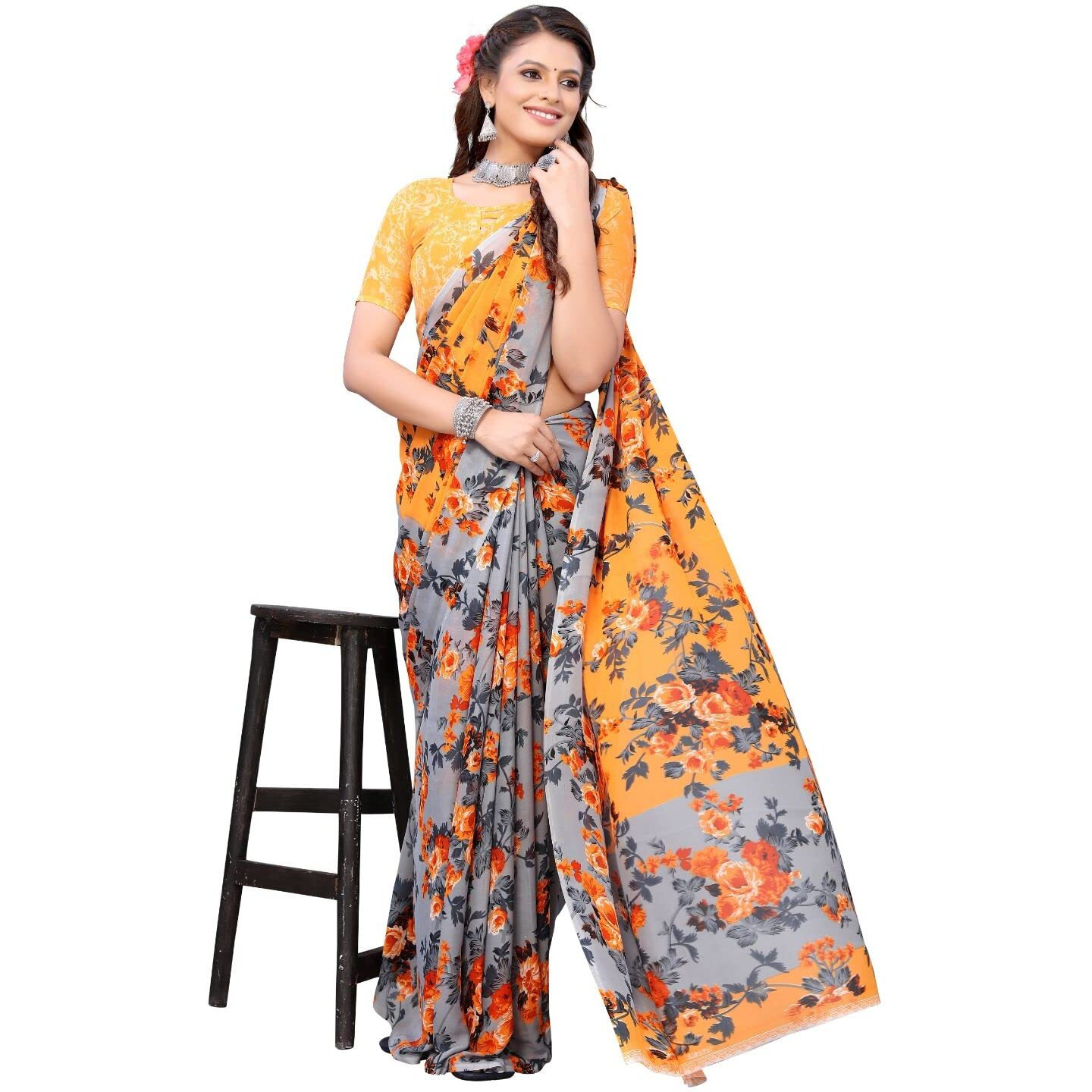 Yashika Women's Jacquard Georgette Saree (HEMAXI Orange_W