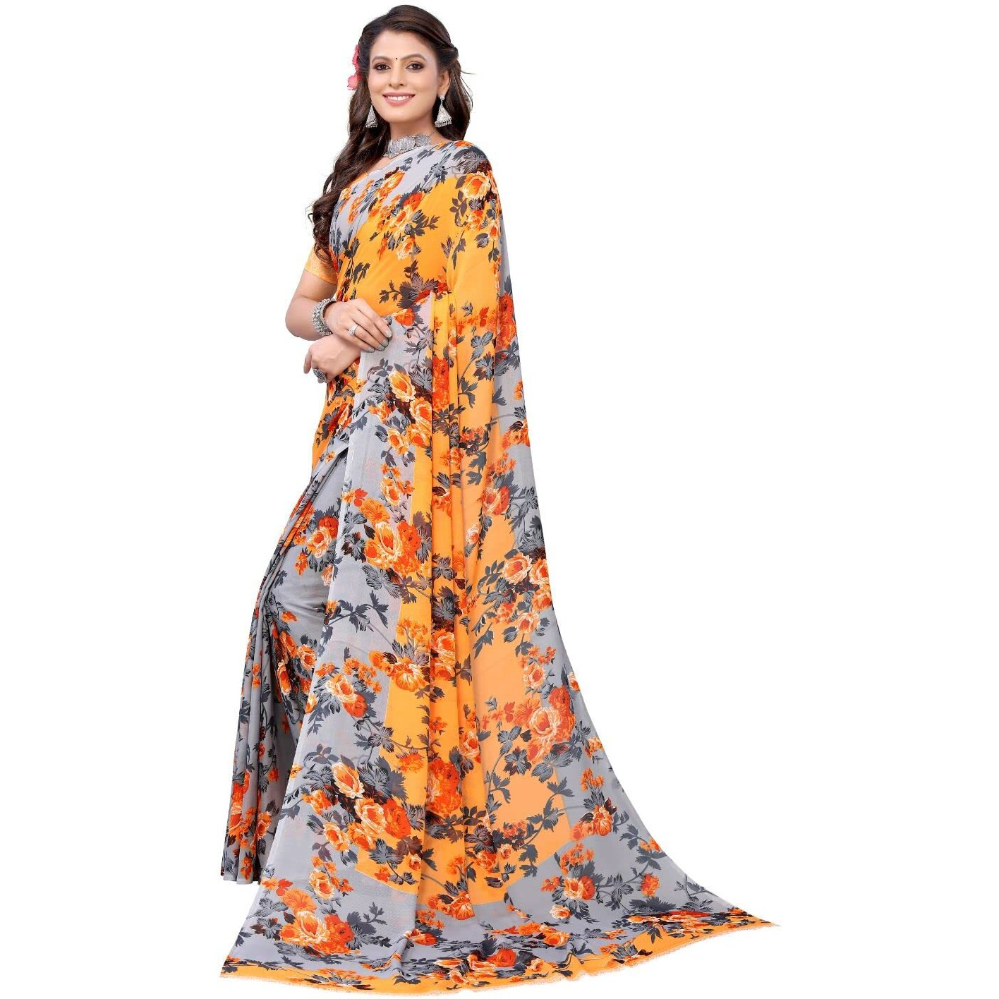Yashika Women's Jacquard Georgette Saree (HEMAXI Orange_W