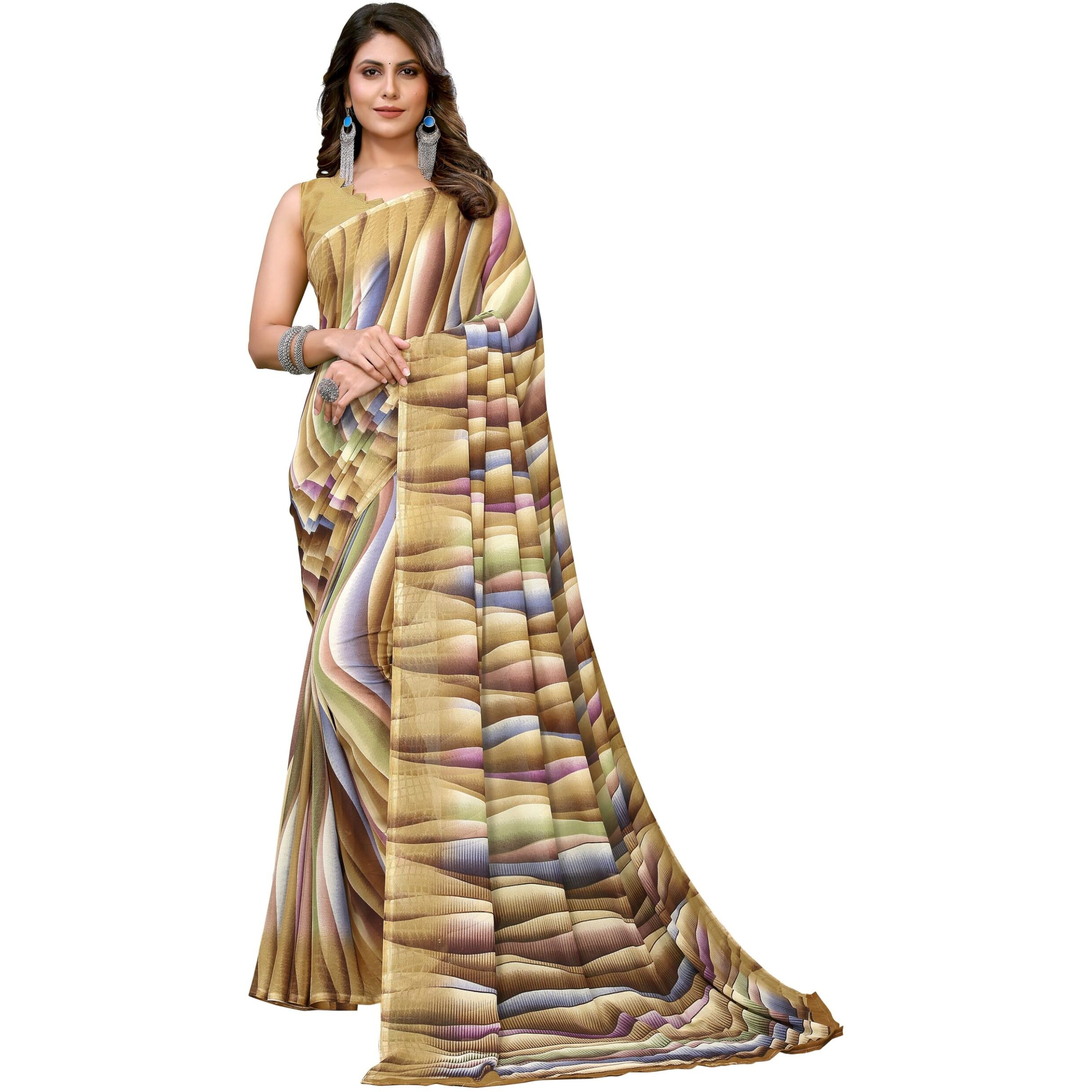 Yashika Women's Trendy Printed Georgette Beige Color Saree with Blouse Material(RESHMA CHIKU)