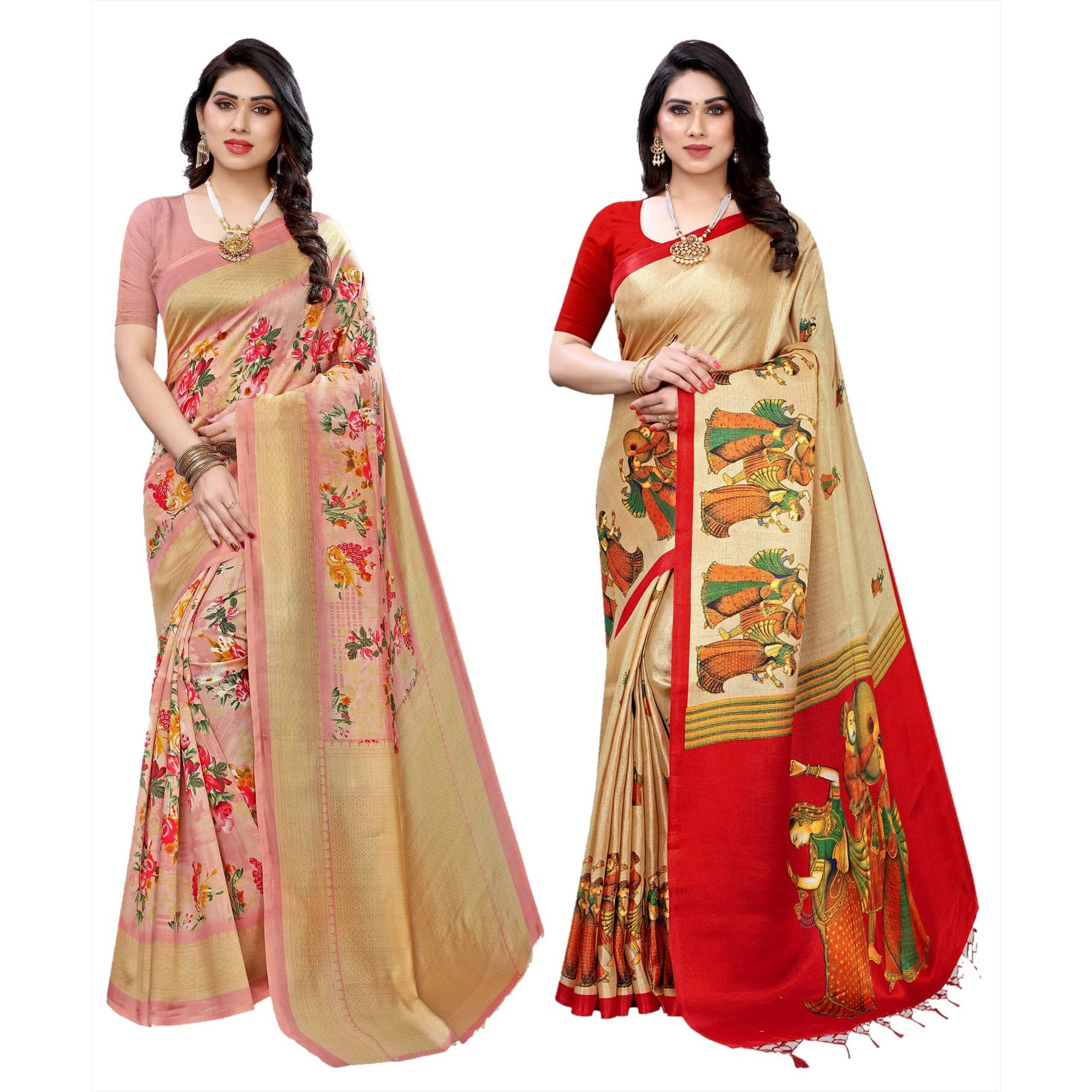 Yashika Women's Combo Art Silk Printed Saree With Blouse Piece Pack Of 2(AIR PEACH-RAJARANI CHICKU)