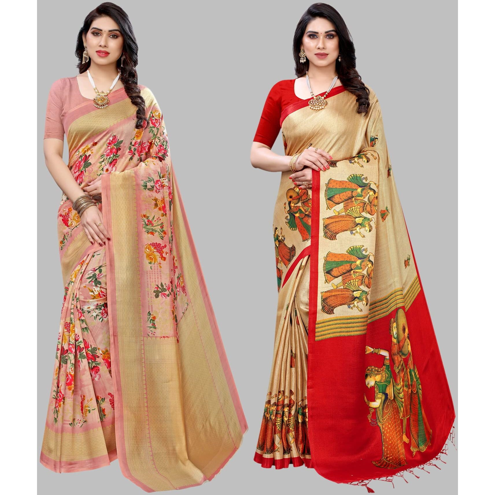 Yashika Women's Combo Art Silk Printed Saree With Blouse Piece Pack Of 2(AIR PEACH-RAJARANI CHICKU)