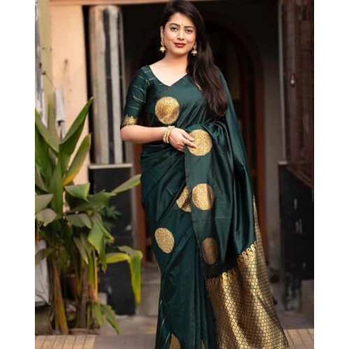 Yashika Women's Banarasi Kanjivaram Cotton Silk Woven Saree with Unstitched Blouse Material (AZ-YS-OG-SRIVALLI GREEN)
