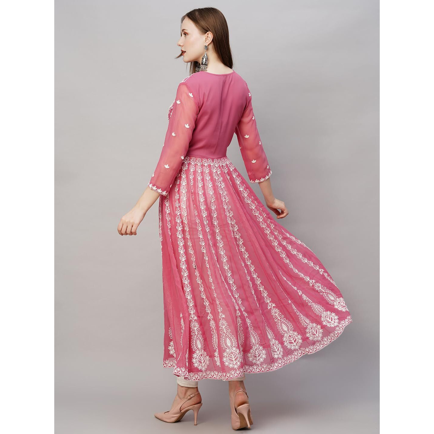ANNI DESIGNER Women's Georgette Chikankari Embroidered Anarkali Kurti (Kari Wine-GRT_S_Wine_Small)