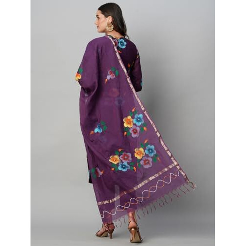 ANNI DESIGNER Women's Cotton Blend Straight Printed Kurta with Pant & Dupatta (Tank Violet_L_Violet_Large)