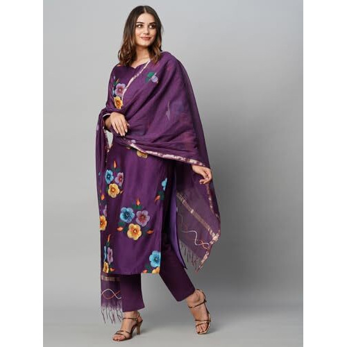 ANNI DESIGNER Women's Cotton Blend Straight Printed Kurta with Pant & Dupatta (Tank Violet_L_Violet_Large)