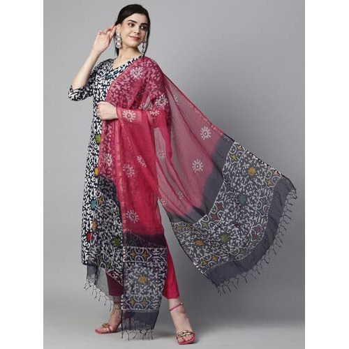 ANNI DESIGNER Women's Cotton Blend Printed Straight Kurta with Pant & Dupatta (Khara Blue_S_Blue_Small)