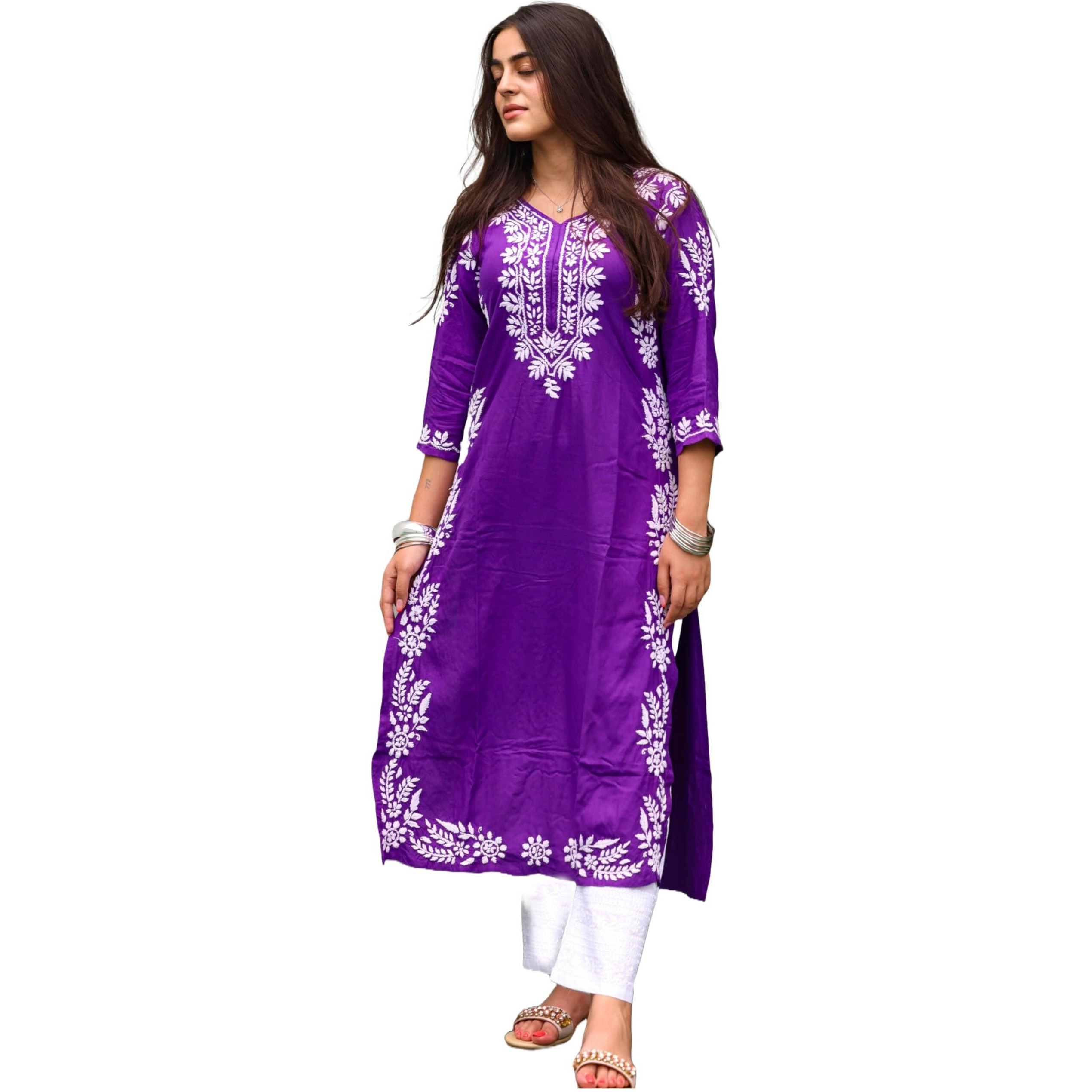 ANNI DESIGNER Women's Cotton Blend Chikankari Embroidered Straight Kurta (Roomali Purple_S_Purple_Small)