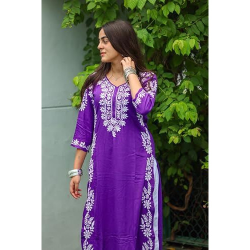 ANNI DESIGNER Women's Cotton Blend Chikankari Embroidered Straight Kurta (Roomali Purple_S_Purple_Small)