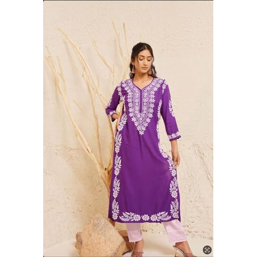 ANNI DESIGNER Women's Cotton Blend Chikankari Embroidered Straight Kurta (Roomali Purple_S_Purple_Small)