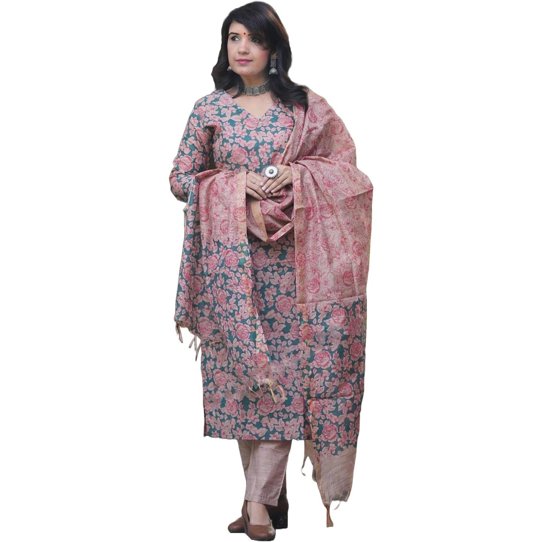 ANNI DESIGNER Women's Cotton Blend Printed Straight Kurta with Pant & Dupatta (Moringa Green_XXL_Green_XX-Large) (color may slightly vary due to photographic effect)