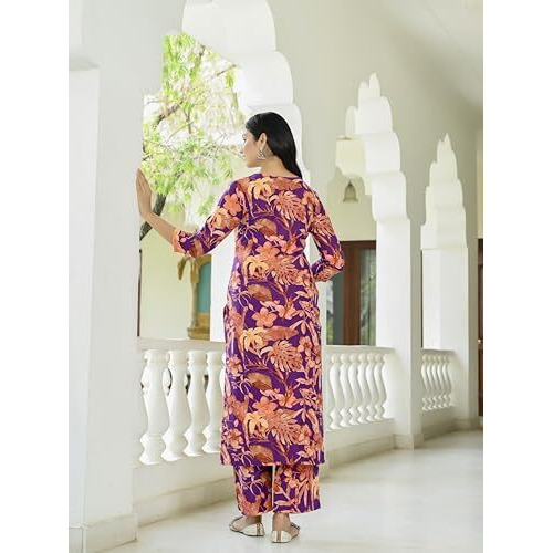 ANNI DESIGNER Women's Cotton Blend Straight Printed Kurta with Palazzo (Chinki Begani_M_Begani_Medium)