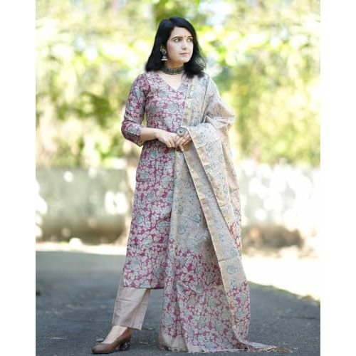ANNI DESIGNER Women's Cotton Blend Printed Straight Kurta with Pant & Dupatta (Moringa Pink_XL_Pink_X-Large)
