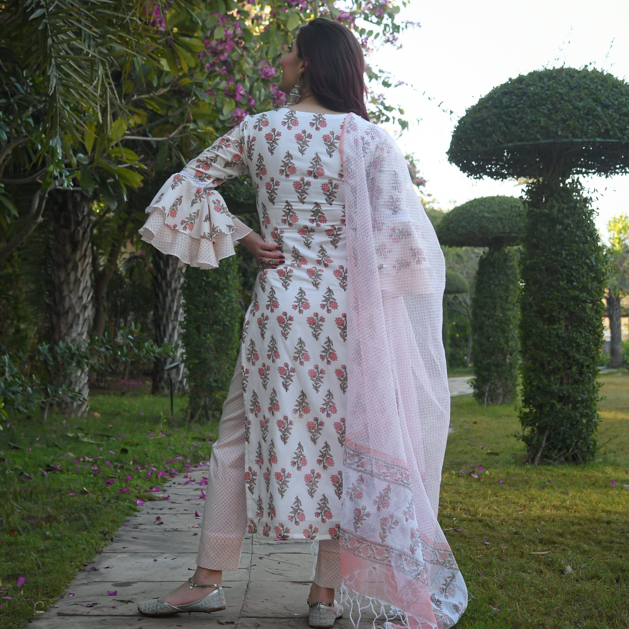 KLOSIA Women Block Printed Bell Sleeve Kurta and Pant Set with Printed Dupatta (Medium) White