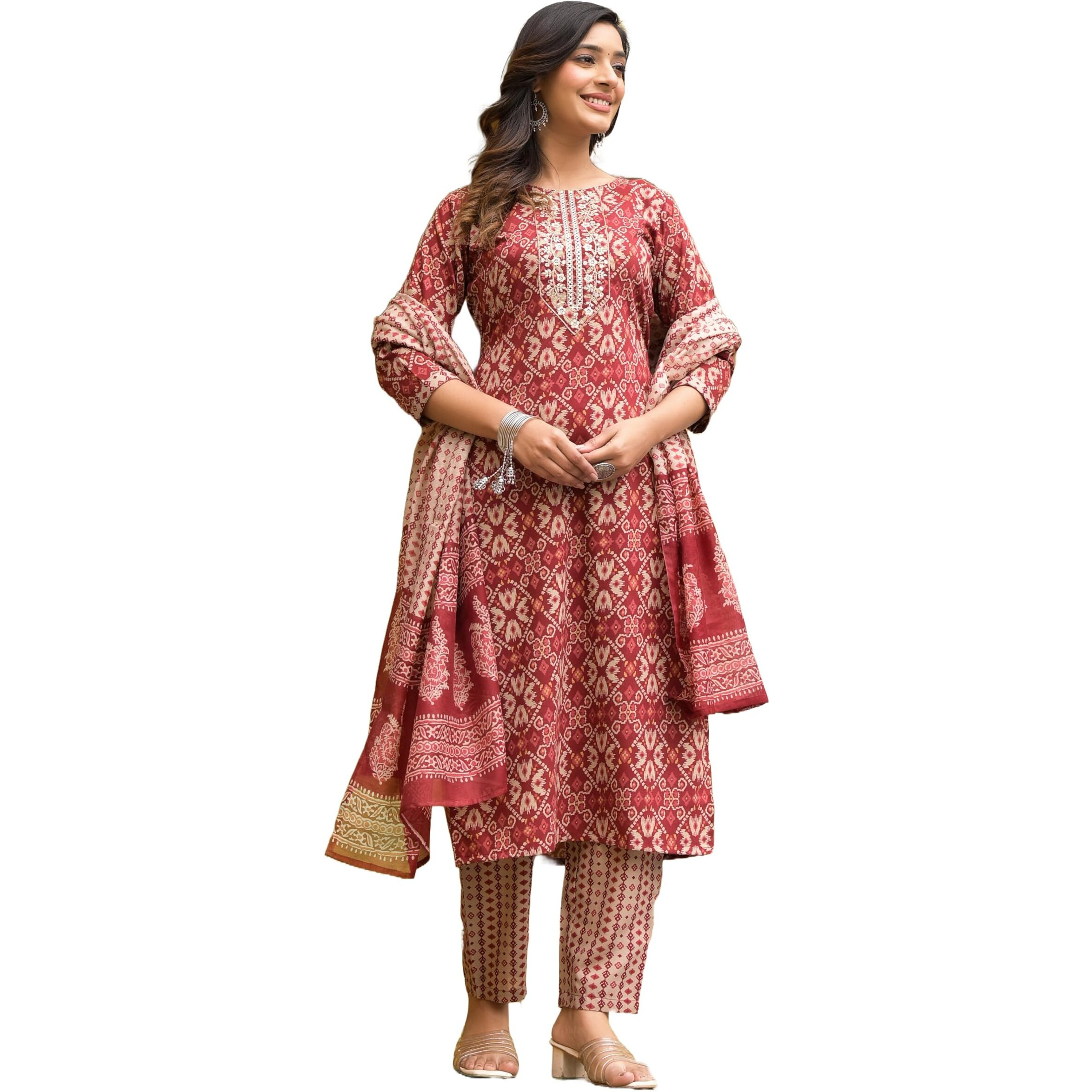 KLOSIA Women Straight Block Printed Kurta and Pant Set with Dupatta | Ethnic Set | Dupatta Set | Suit Set | Kurta Set | (Medium) Maroon