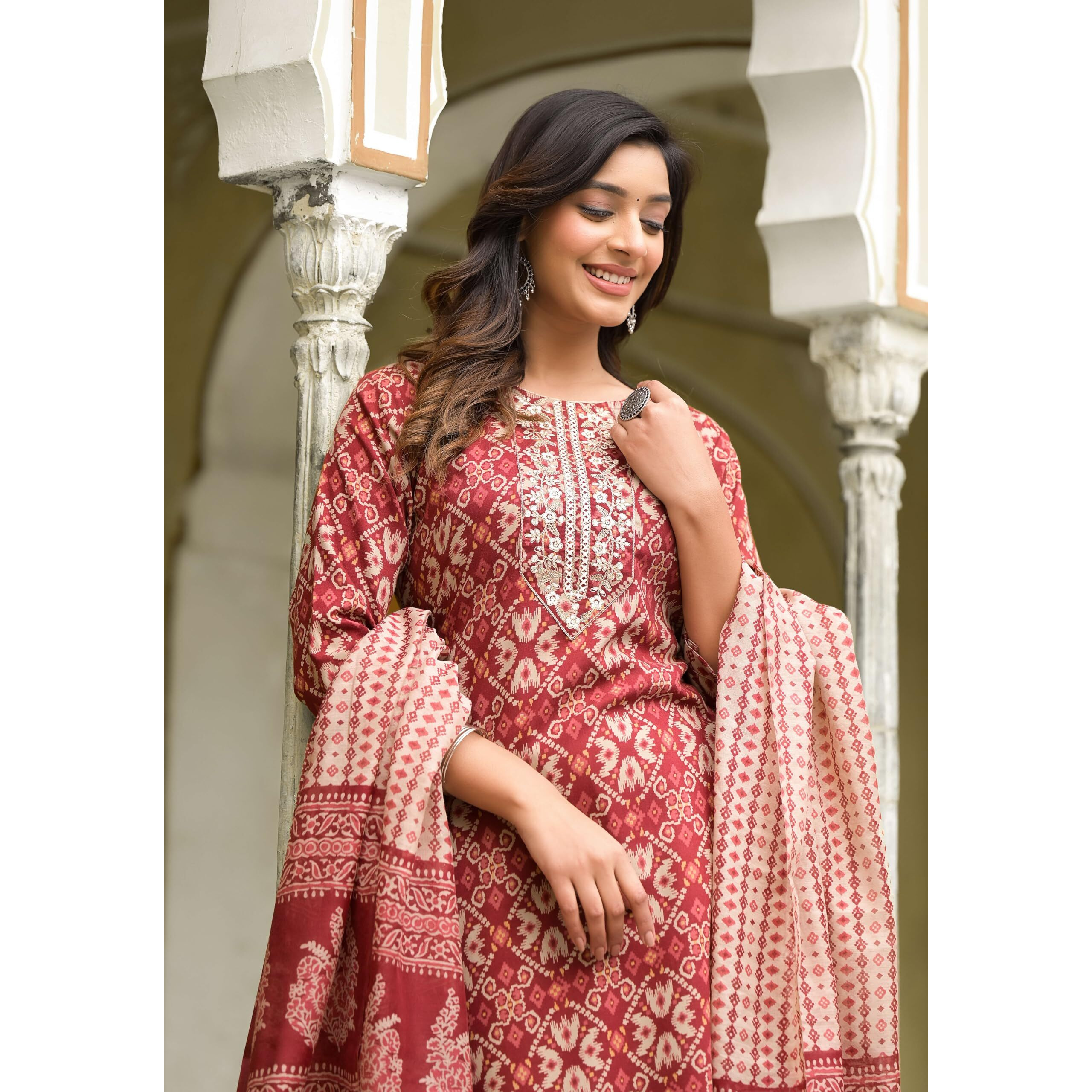 KLOSIA Women Straight Block Printed Kurta and Pant Set with Dupatta | Ethnic Set | Dupatta Set | Suit Set | Kurta Set | (Medium) Maroon