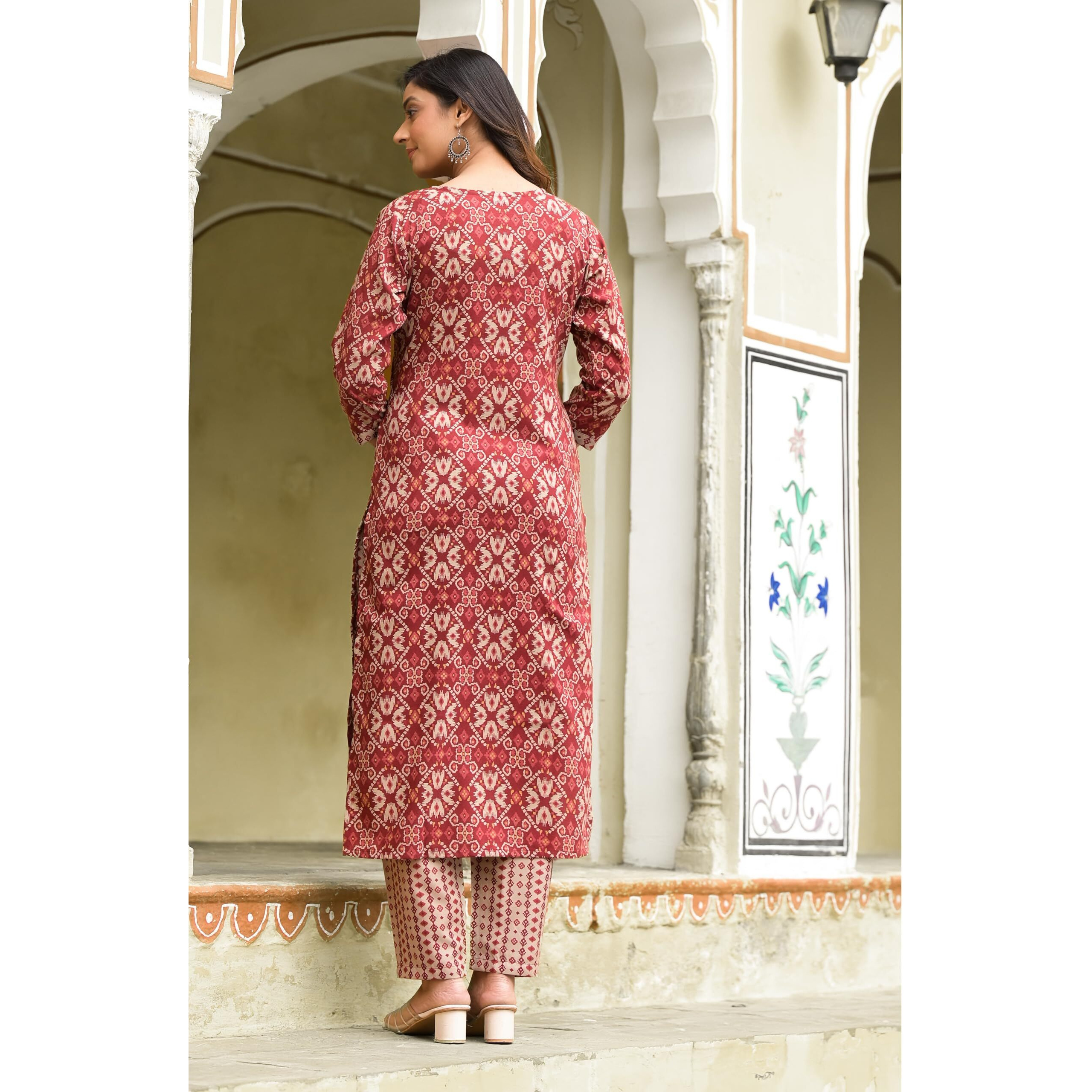 KLOSIA Women Straight Block Printed Kurta and Pant Set with Dupatta | Ethnic Set | Dupatta Set | Suit Set | Kurta Set | (Medium) Maroon