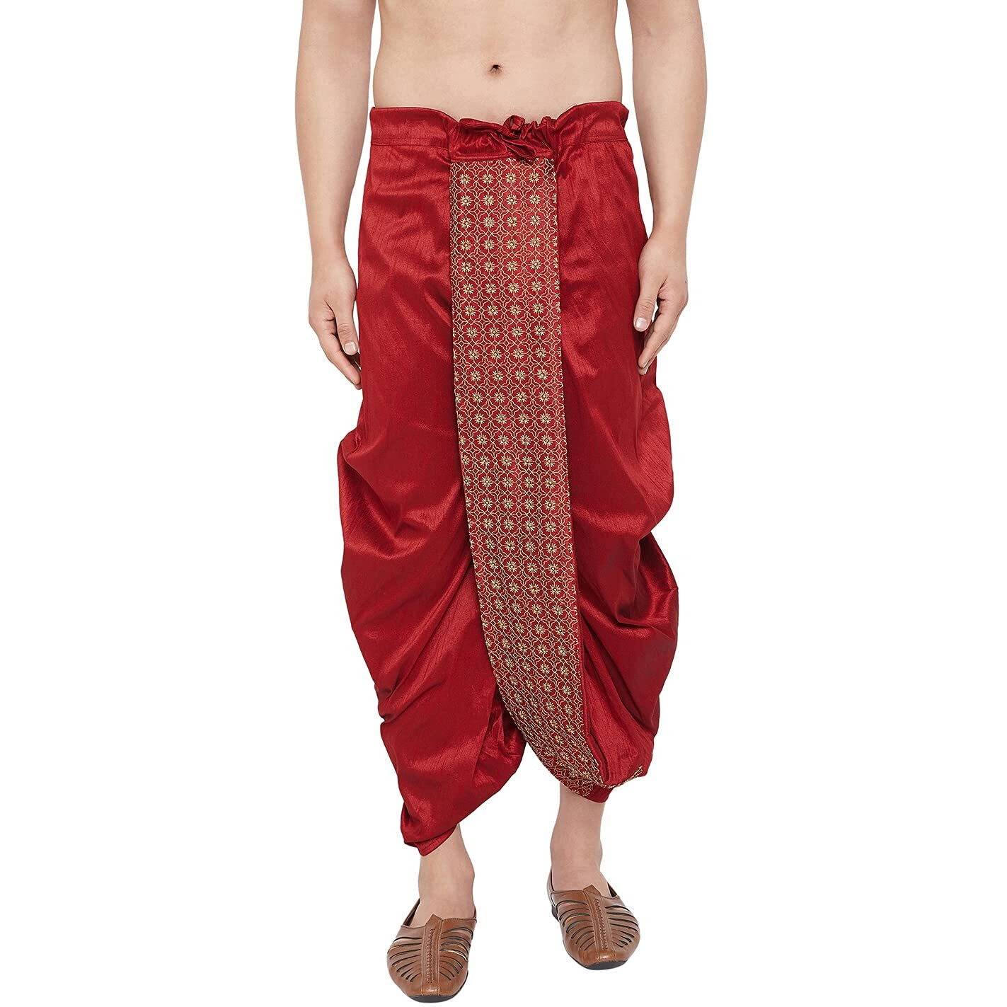 VASTRAMAY Men's Maroon Embroidred Ethnic Dhoti(Gold_Free Size_VASMDT010MA)