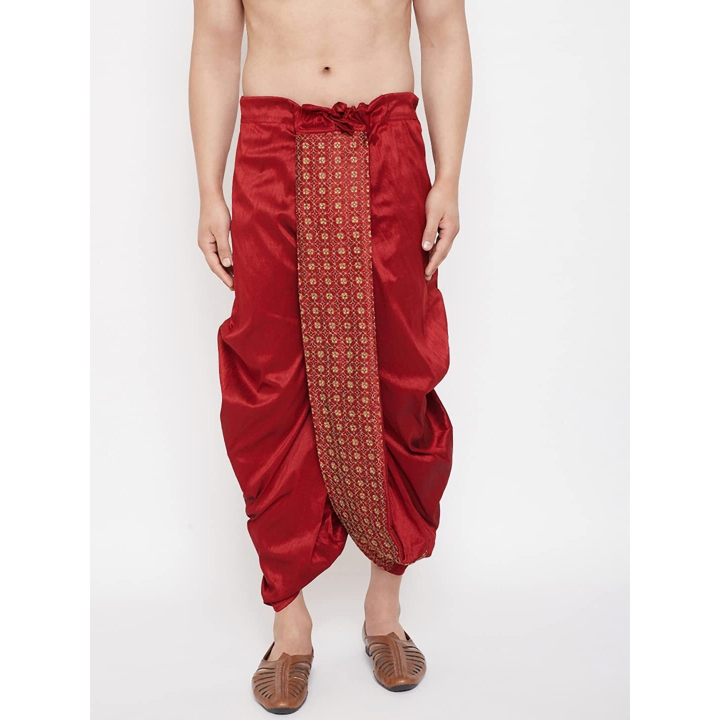 VASTRAMAY Men's Maroon Embroidred Ethnic Dhoti(Gold_Free Size_VASMDT010MA)