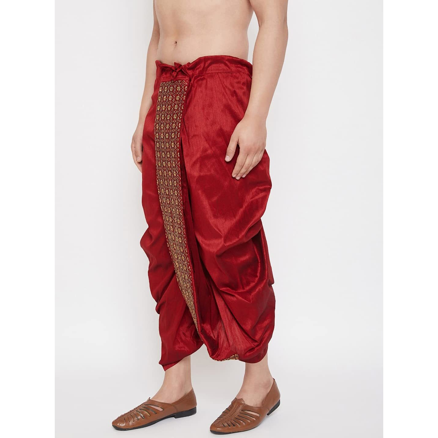 VASTRAMAY Men's Maroon Embroidred Ethnic Dhoti(Gold_Free Size_VASMDT010MA)
