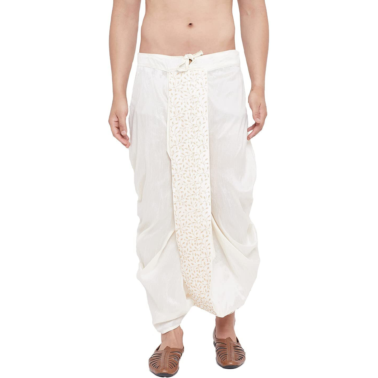 VASTRAMAY Men's Cream Silk Blend Embroidered Ethnic Dhoti(Gold_Free Size_VASMDT011CR)