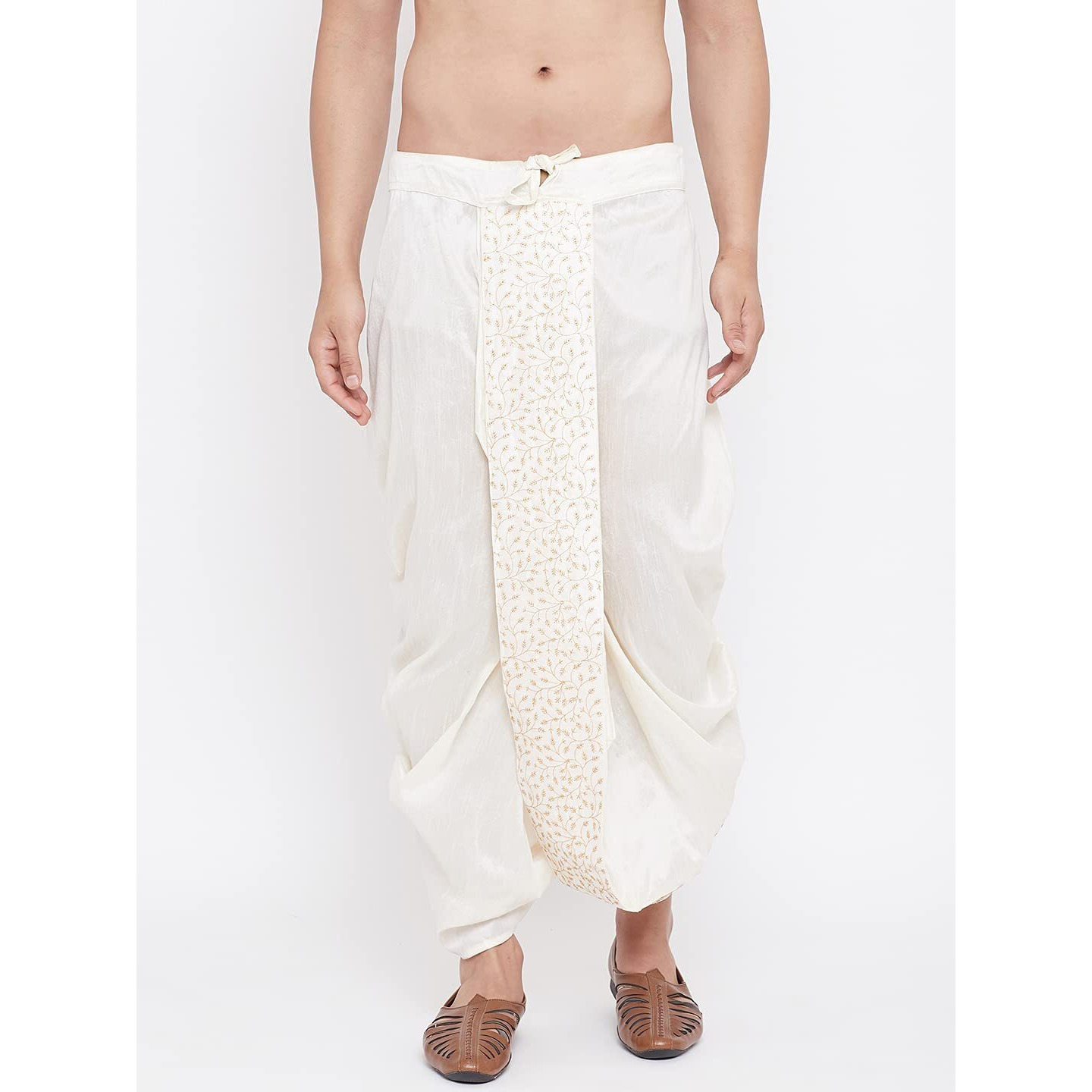 VASTRAMAY Men's Cream Silk Blend Embroidered Ethnic Dhoti(Gold_Free Size_VASMDT011CR)