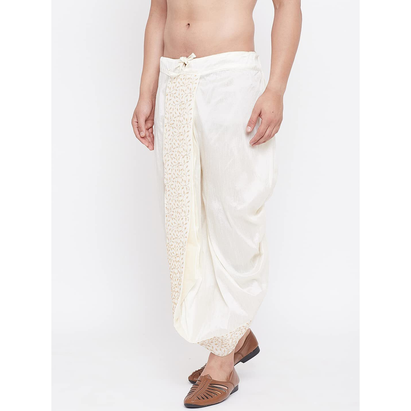 VASTRAMAY Men's Cream Silk Blend Embroidered Ethnic Dhoti(Gold_Free Size_VASMDT011CR)