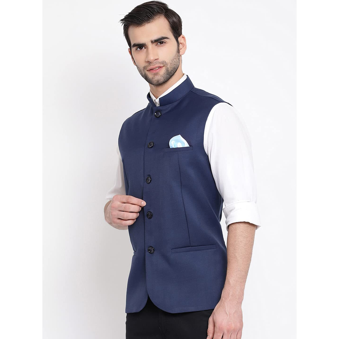 VASTRAMAY Men's Navy Blue Cotton Silk Nehru Jacket  Elegant Festive Wear with Mandarin Collar, Perfect For Ethnic & Festive Occasions, Weddings & Celebrations