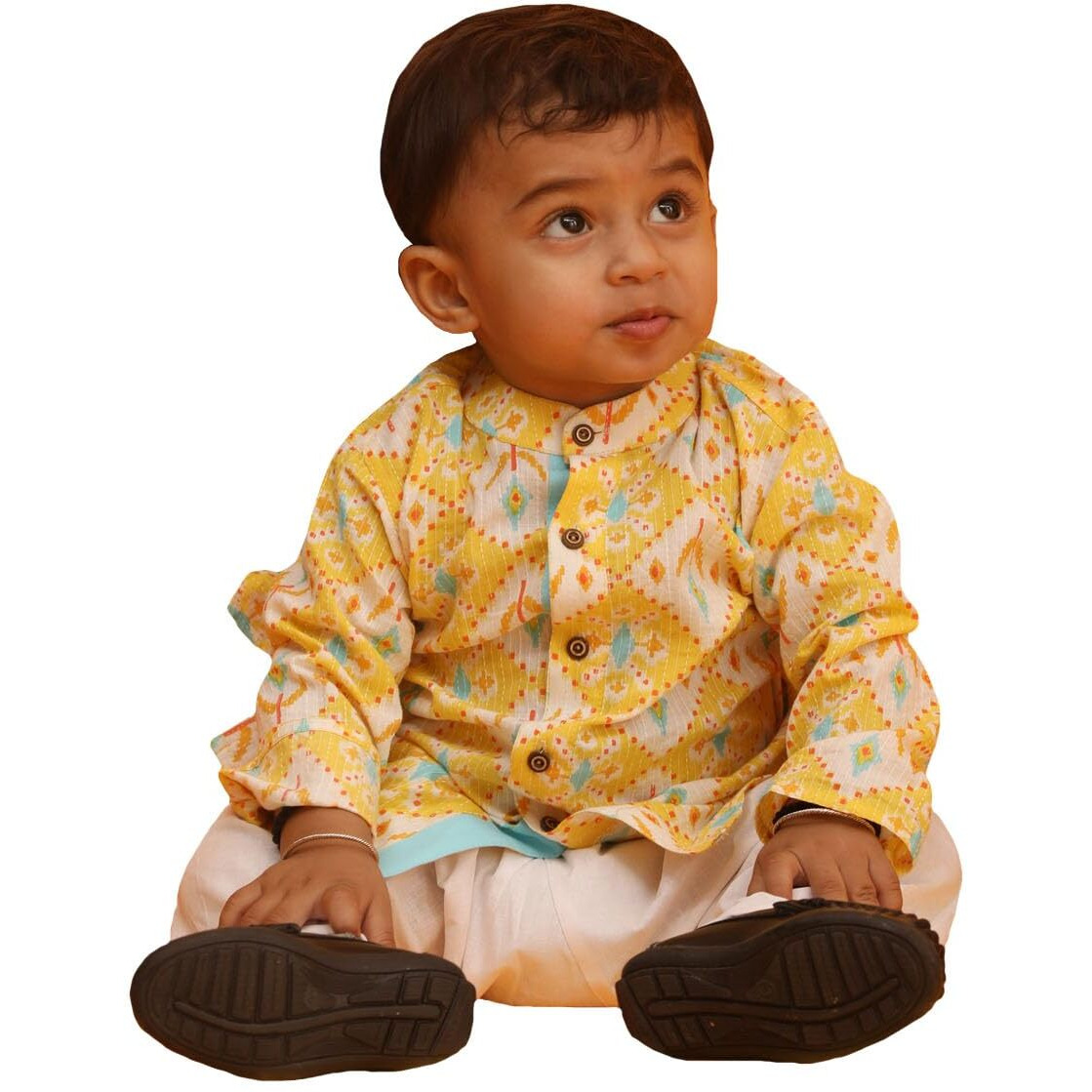 VASTRAMAY Infant Boys Yellow And White Cotton Blend Kurta Pyjama Set_VSHISBK186YWnPWH_20