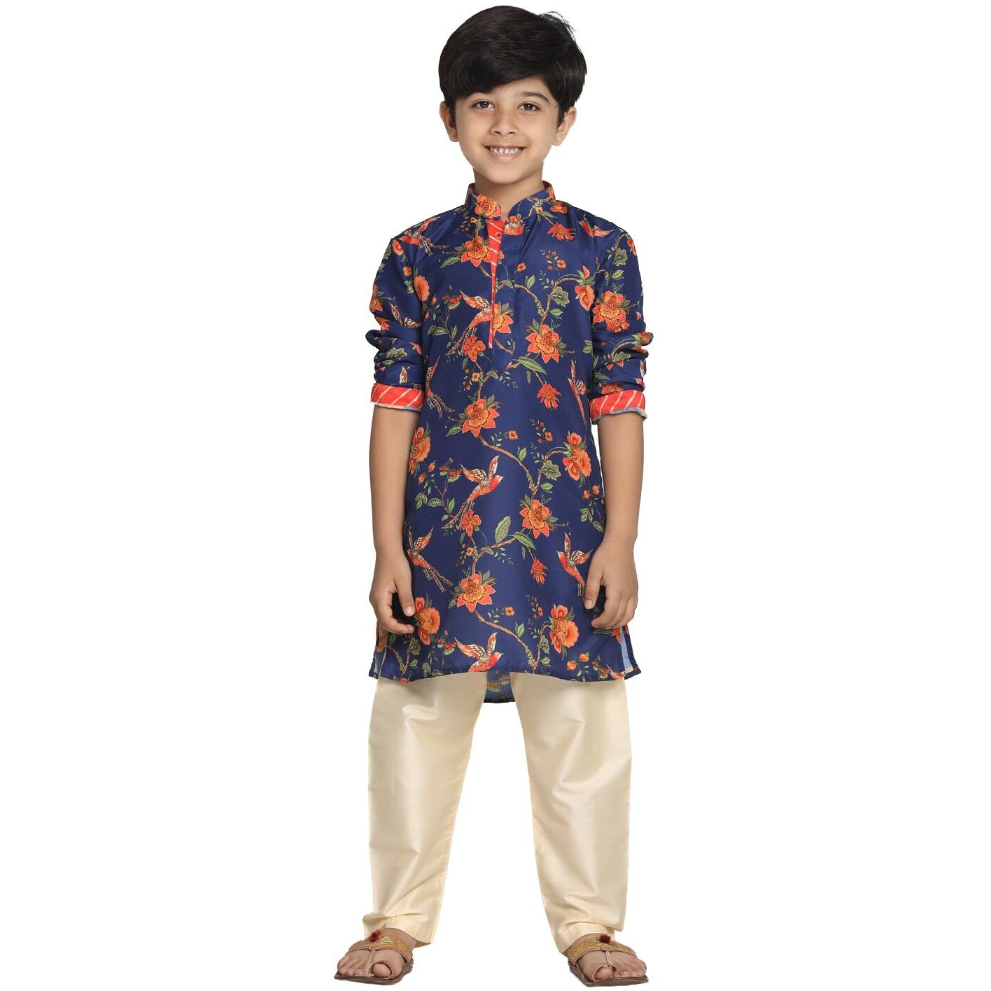 VASTRAMAY Soft Muslin Floral Printed Kurta with Gotta Border and Cream Pyjama Set  Elegant Eid Outfit for Boys