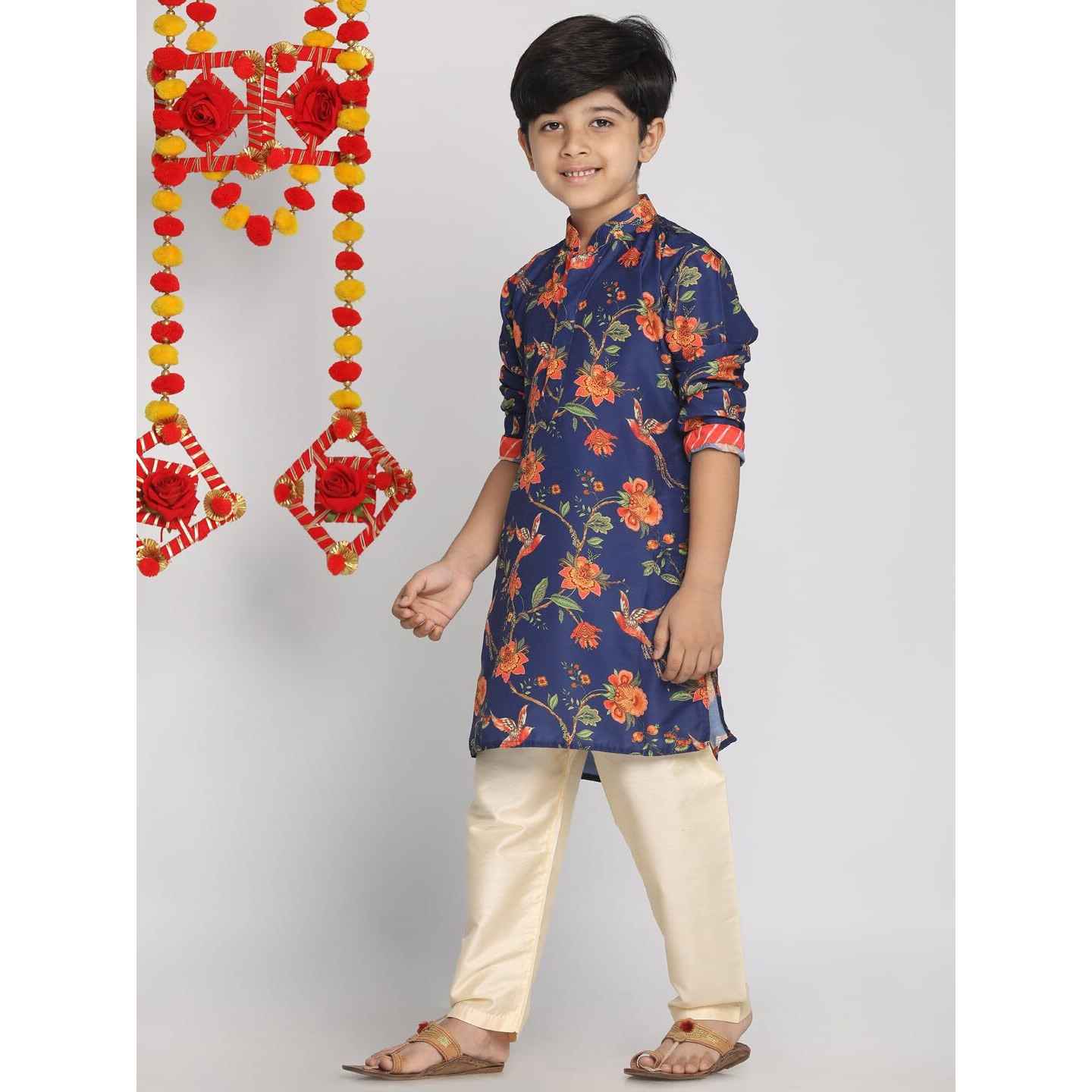 VASTRAMAY Soft Muslin Floral Printed Kurta with Gotta Border and Cream Pyjama Set  Elegant Eid Outfit for Boys